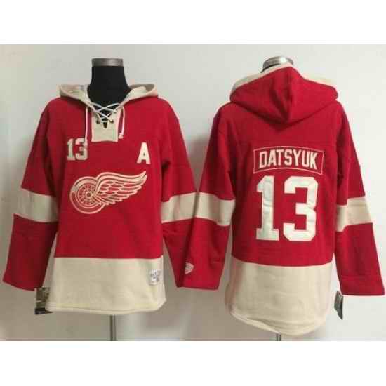 Detroit Red Wings 13 Pavel Datsyuk Red Women Old Time Lacer NHL Hoodie